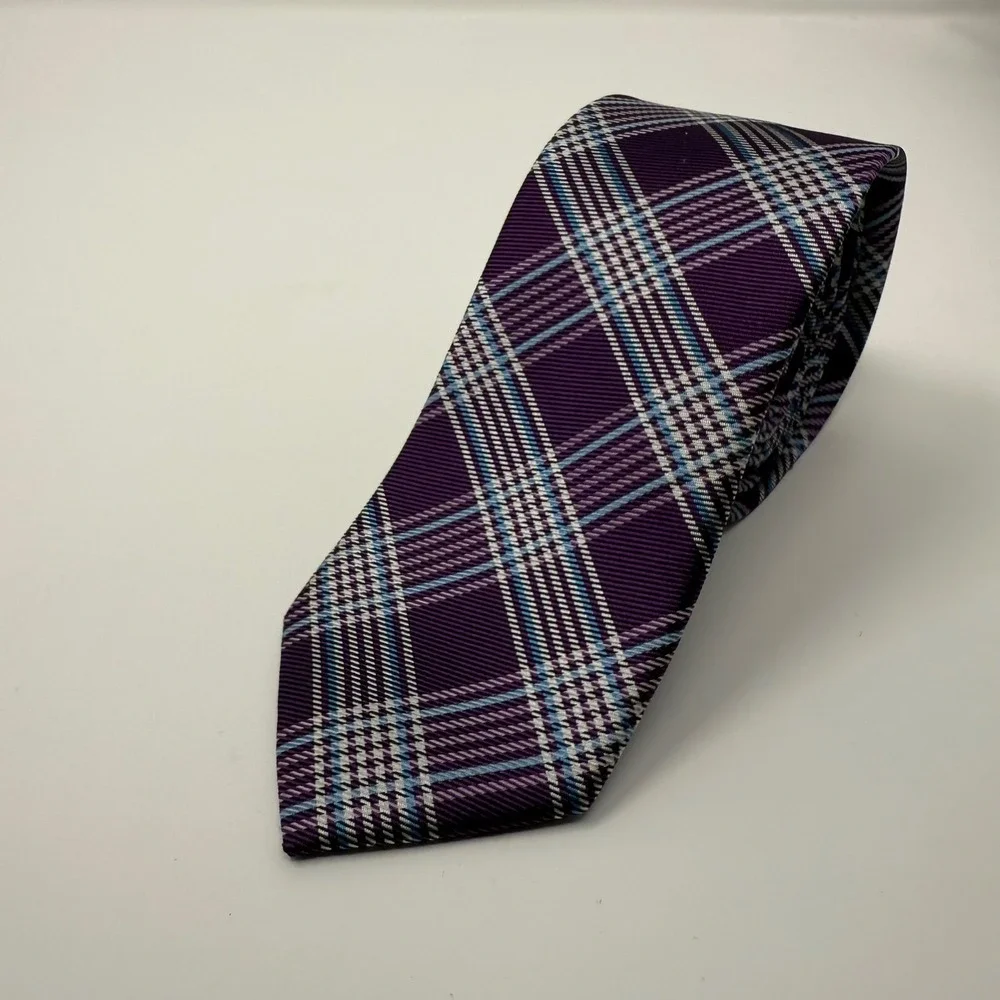 Jos A Bank Slim Tie 100% Silk Purple Blue Plaid Necktie Mens Fashion